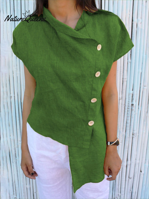 Women's Irregular Hem Button-down Cotton and Linen Top