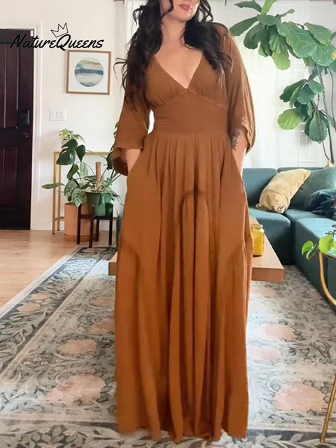 Women's V-neck Stretch Boho Maxi Dress