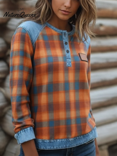 Retro Casual Denim Patchwork Plaid Print Henley Collar Top