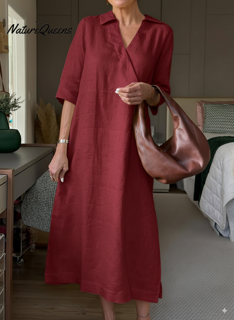Women's Lapel V-Neck A-Line Loose Linen Midi Dress
