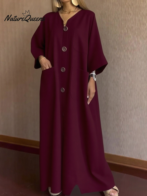 Loose Pocket Button Cotton and Linen Dress