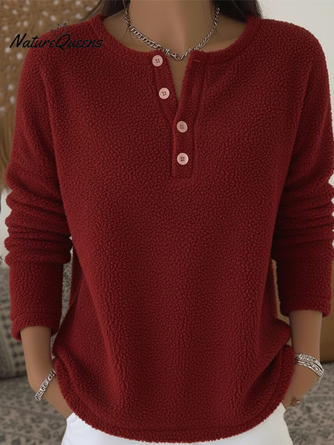 Women's Soft Solid Henley Neck Polar Fleece Top