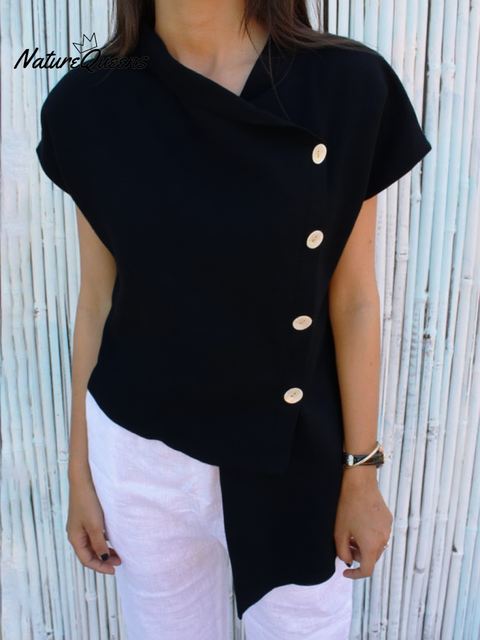 Women's Irregular Hem Button-down Cotton and Linen Top
