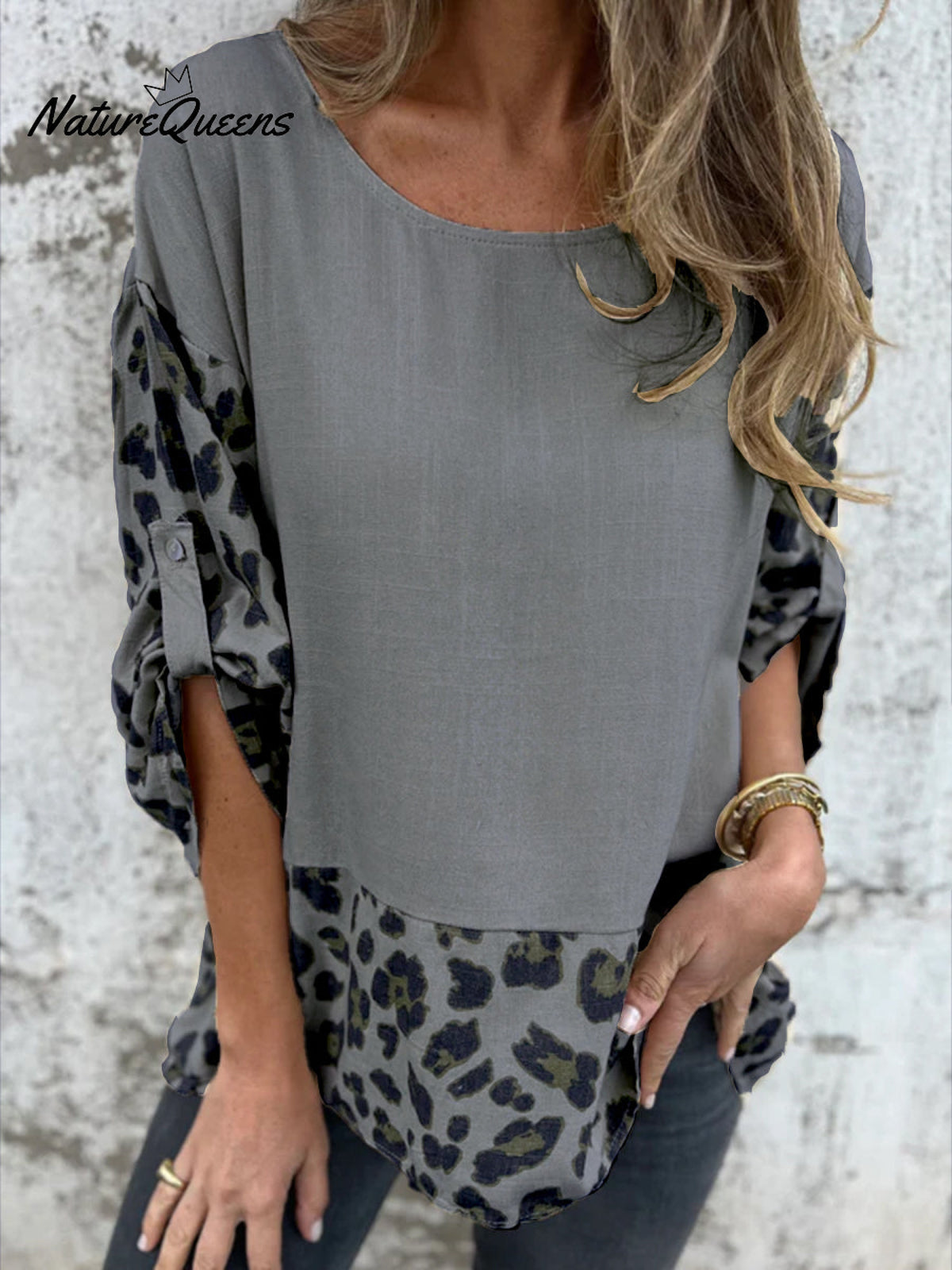 Leopard Print Long-sleeved Cotton and Linen Top
