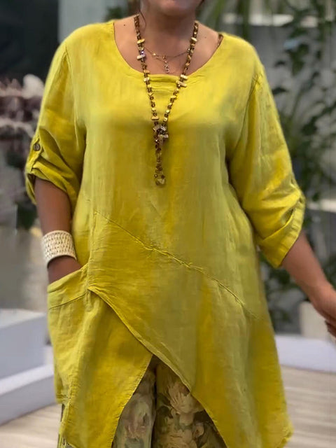 Irregular Hem Pocket Cotton and Linen Top