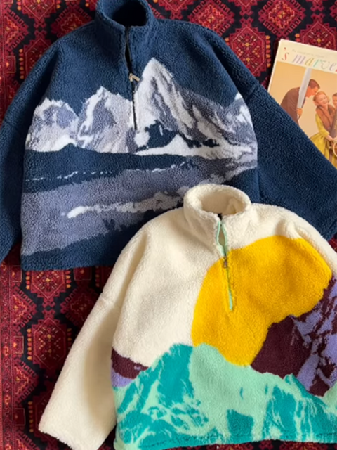 Retro Snow Mountain Print Polar Fleece Sweatshirt