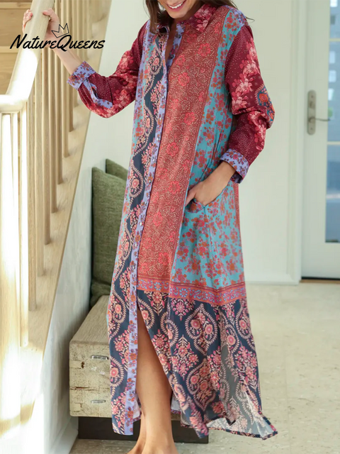 Bohemian Floral Patchwork Print Shirt Slit Dress