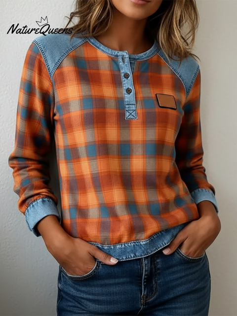 Retro Casual Denim Patchwork Plaid Print Henley Collar Top