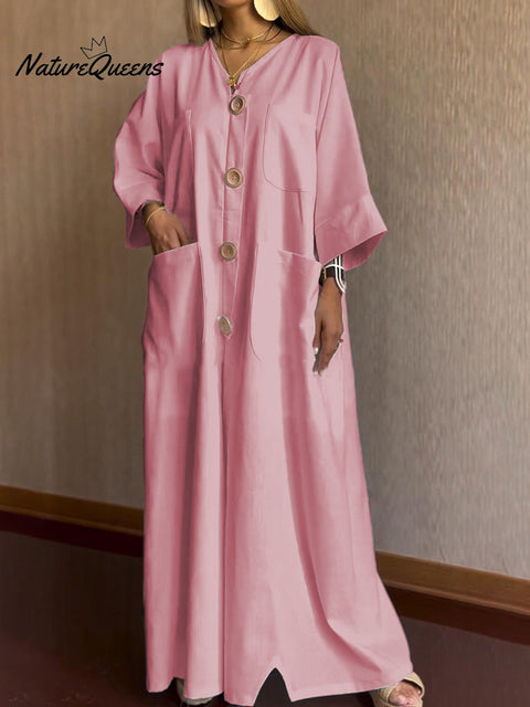 Loose Pocket Button Cotton and Linen Dress