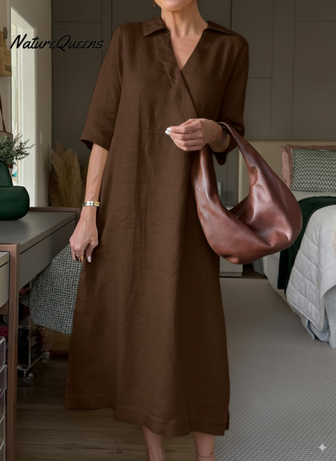 Women's Lapel V-Neck A-Line Loose Linen Midi Dress