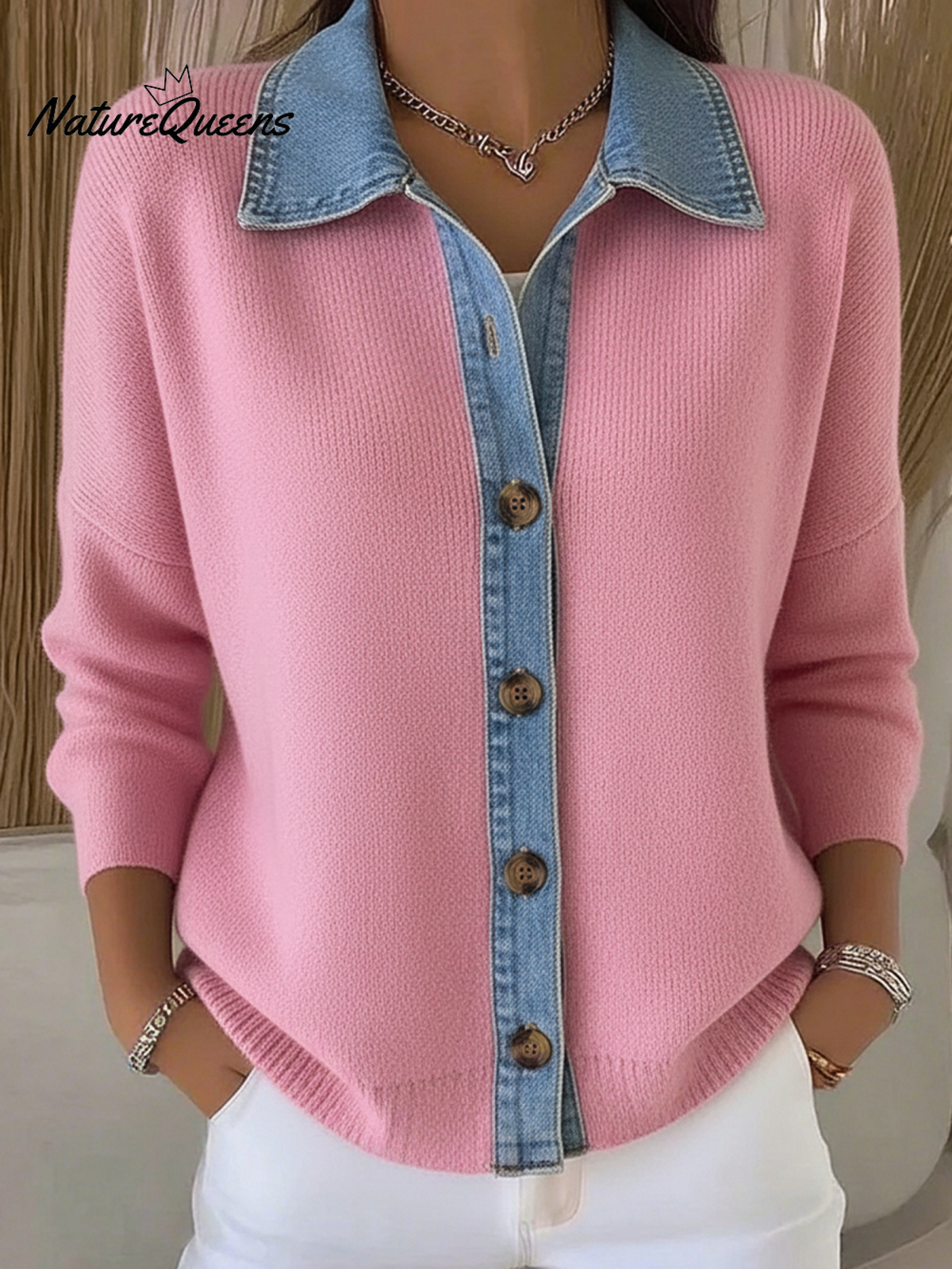 Denim Patchwork Polo Collar Button-down Knitted Cardigan Sweater