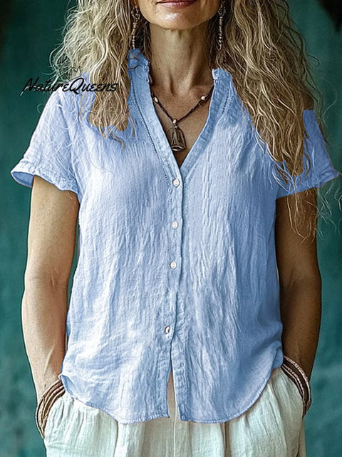 Women's  Casual Cotton And Linen  Short Sleeve  Shirt