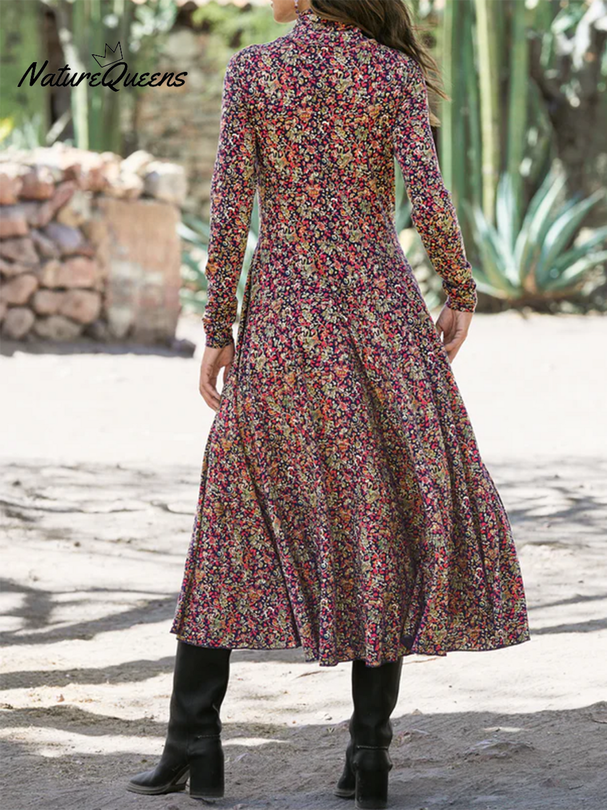 Dream Wilderness Flower Print Knitted Turtleneck Midi Dress