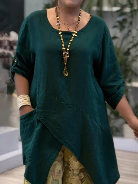 Irregular Hem Pocket Cotton and Linen Top