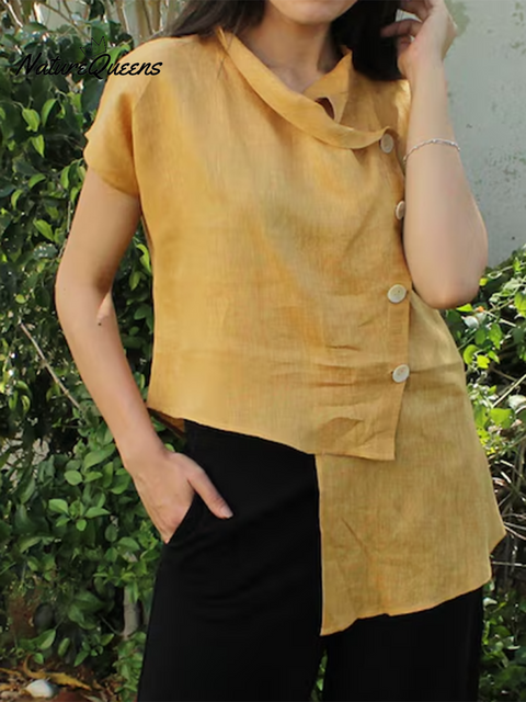 Women's Irregular Hem Button-down Cotton and Linen Top