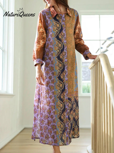 Bohemian Floral Patchwork Print Shirt Slit Dress