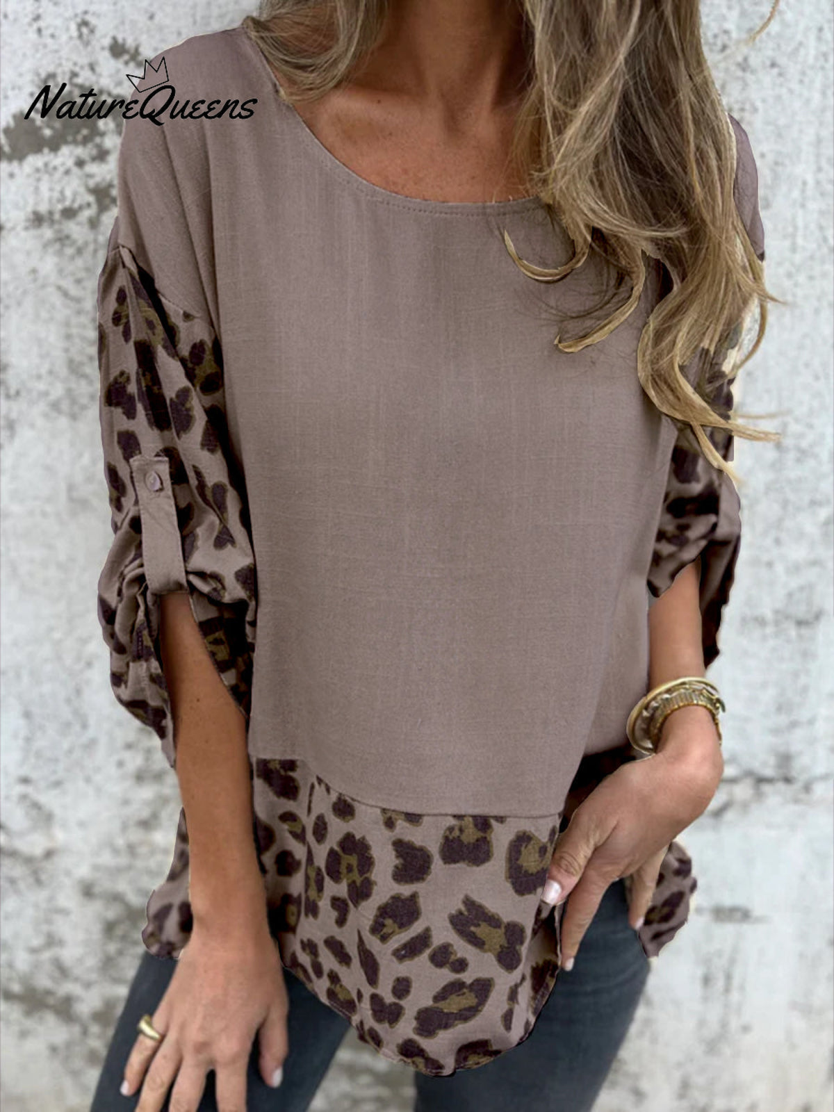 Leopard Print Long-sleeved Cotton and Linen Top