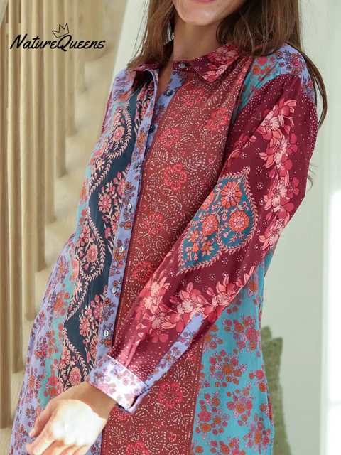 Bohemian Floral Patchwork Print Shirt Slit Dress