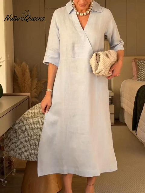 Women's Lapel V-Neck A-Line Loose Linen Midi Dress