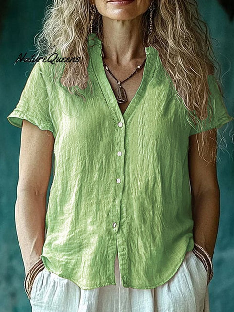 Women's  Casual Cotton And Linen  Short Sleeve  Shirt