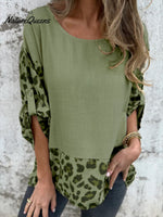 Leopard Print Long-sleeved Cotton and Linen Top