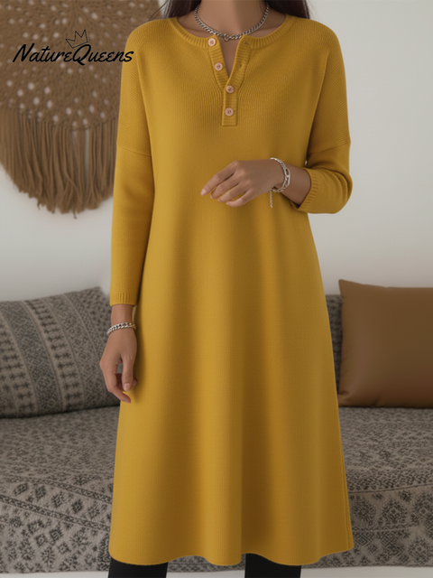 Women's Casual Henley Neck A-line Knitted Midi Dress