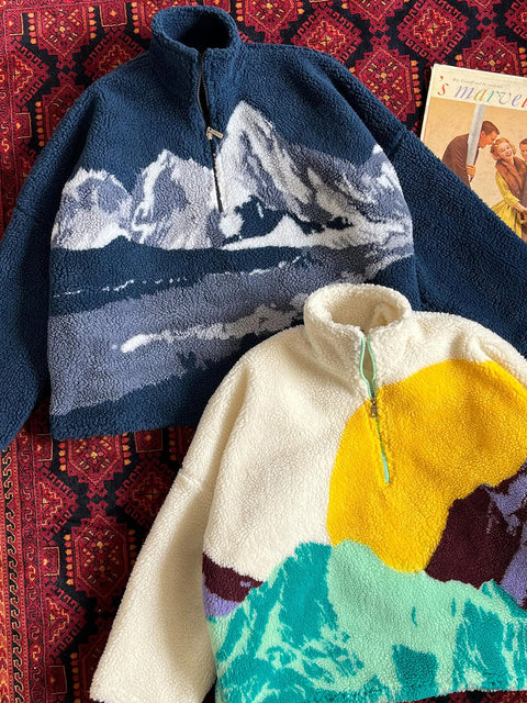 Retro Snow Mountain Print Polar Fleece Sweatshirt
