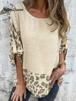 Leopard Print Long-sleeved Cotton and Linen Top
