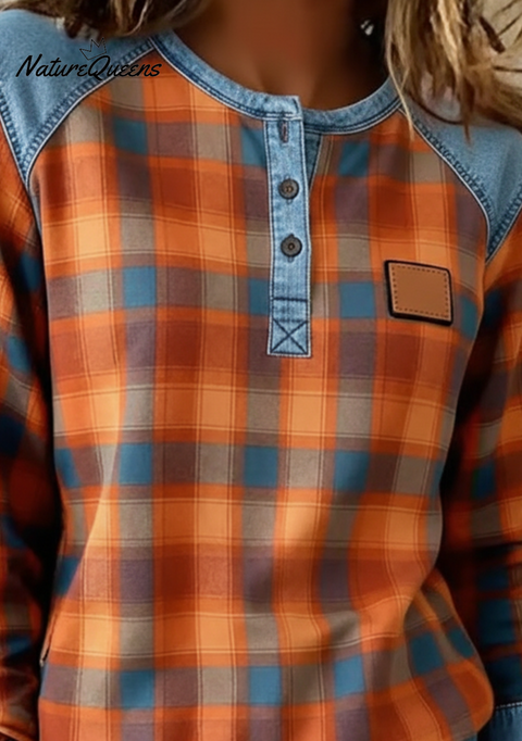 Retro Casual Denim Patchwork Plaid Print Henley Collar Top