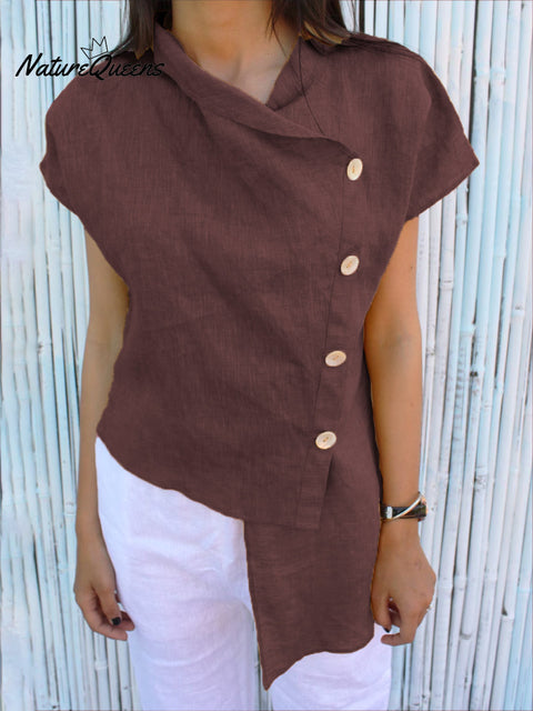 Women's Irregular Hem Button-down Cotton and Linen Top