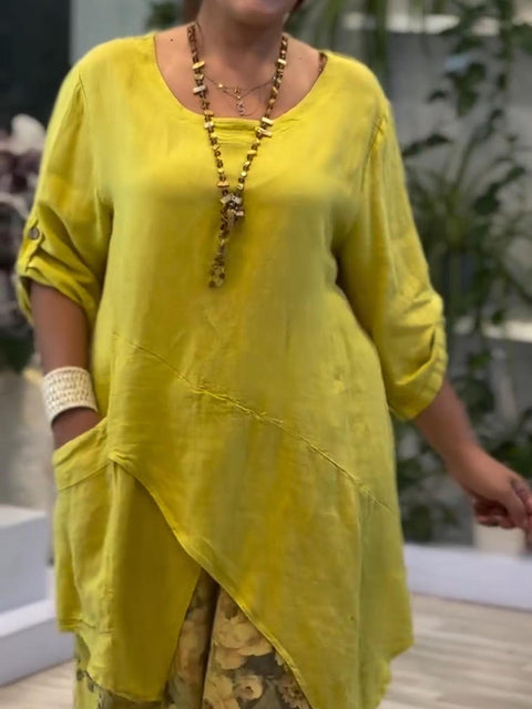 Irregular Hem Pocket Cotton and Linen Top
