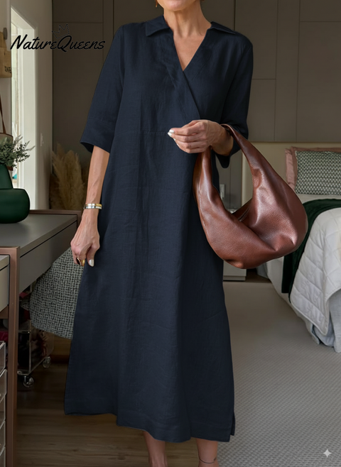 Women's Lapel V-Neck A-Line Loose Linen Midi Dress