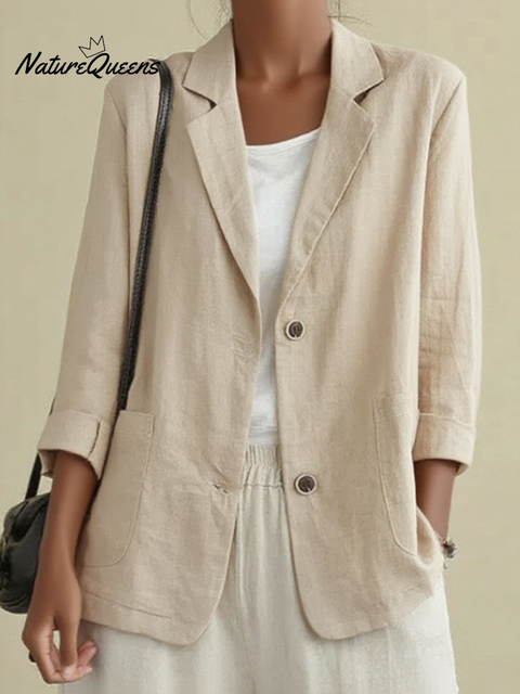 Women's Casual Solid Color Button Cotton and Linen Jacket