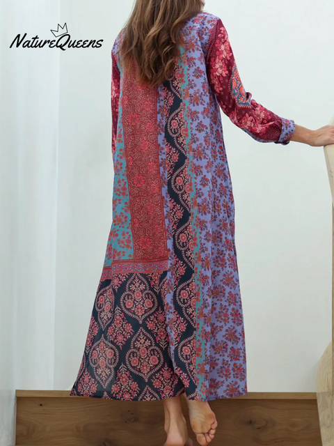 Bohemian Floral Patchwork Print Shirt Slit Dress