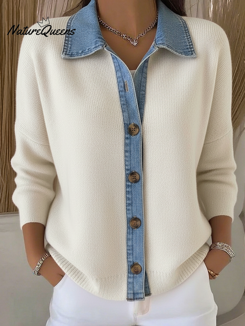 Denim Patchwork Polo Collar Button-down Knitted Cardigan Sweater