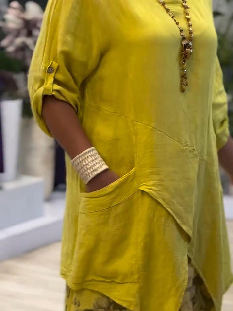 Irregular Hem Pocket Cotton and Linen Top