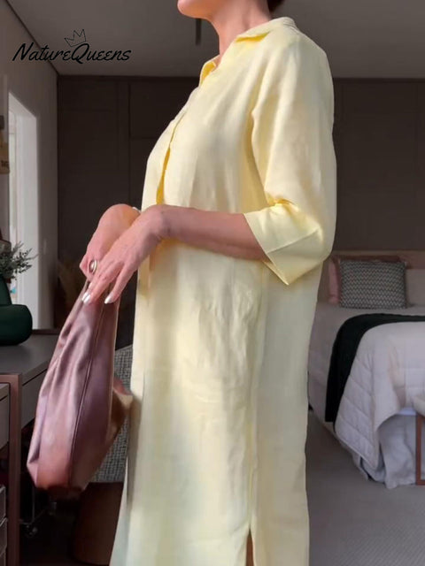 Women's Lapel V-Neck A-Line Loose Linen Midi Dress
