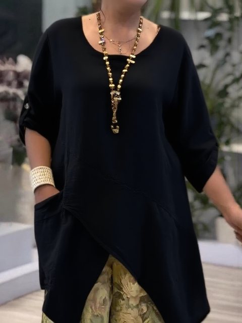 Irregular Hem Pocket Cotton and Linen Top