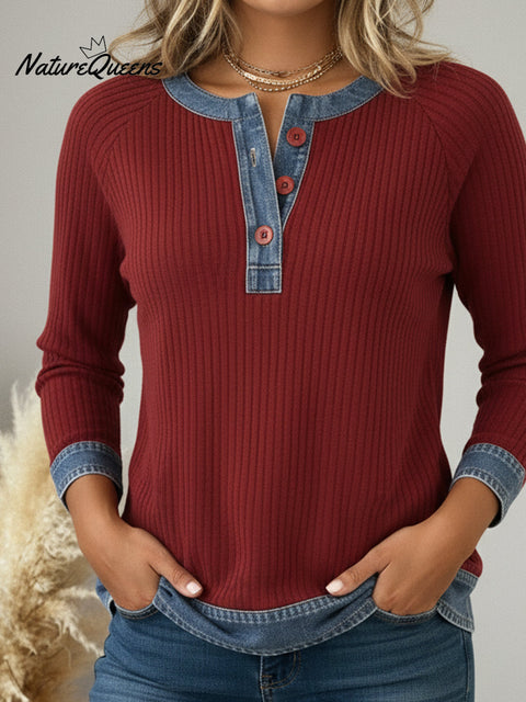 Casual Denim and Corduroy Embellished Henley Collar Top