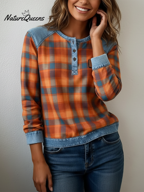 Retro Casual Denim Patchwork Plaid Print Henley Collar Top
