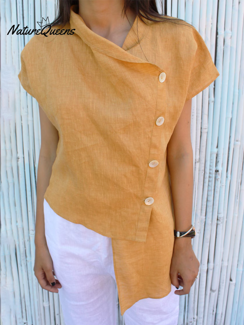Women's Irregular Hem Button-down Cotton and Linen Top
