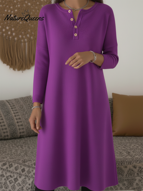 Women's Casual Henley Neck A-line Knitted Midi Dress