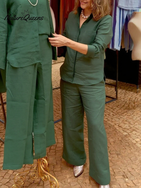 Women's Solid Color Linen Shirt and Pants Two-piece Set