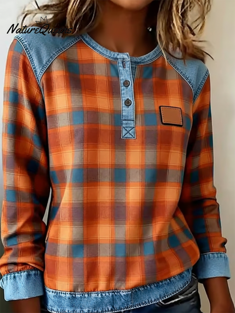 Retro Casual Denim Patchwork Plaid Print Henley Collar Top