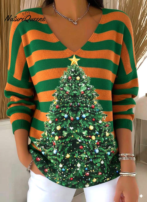Women's Contrasting Striped Christmas Tree Sweater Top