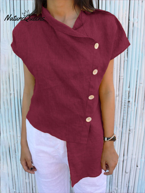 Women's Irregular Hem Button-down Cotton and Linen Top