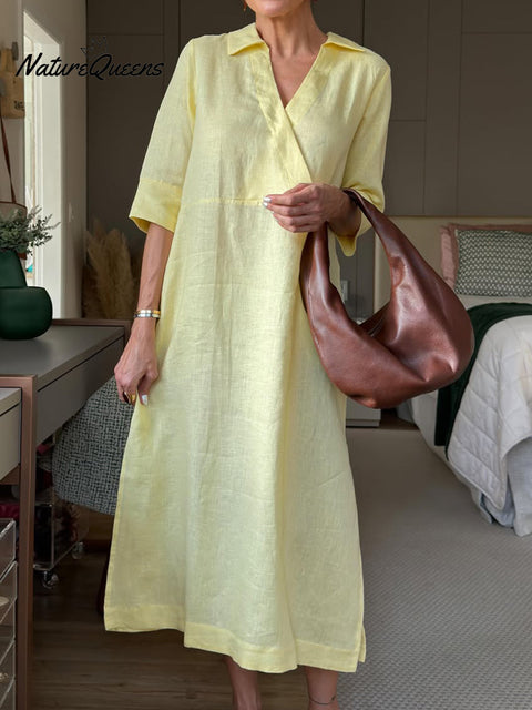Women's Lapel V-Neck A-Line Loose Linen Midi Dress