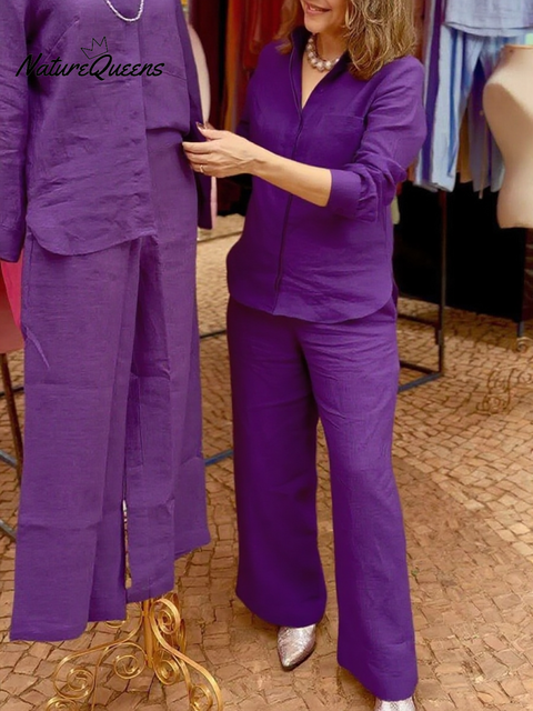 Women's Solid Color Linen Shirt and Pants Two-piece Set