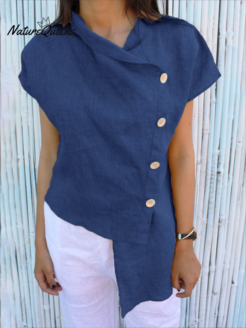 Women's Irregular Hem Button-down Cotton and Linen Top