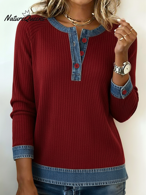 Casual Denim and Corduroy Embellished Henley Collar Top